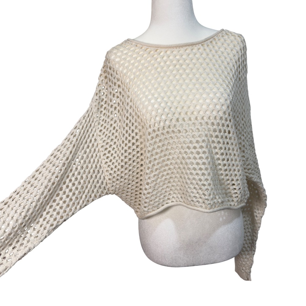 Garage Women Cream Open Knit Crochet Cropped Sweater Long Sleeve Size M - Picture 3 of 4